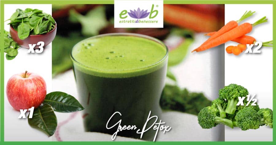 green detox estratto detossinante con spinaci, mela, carote, broccoli purificare l'organismo rinforzare il sistema immunitario